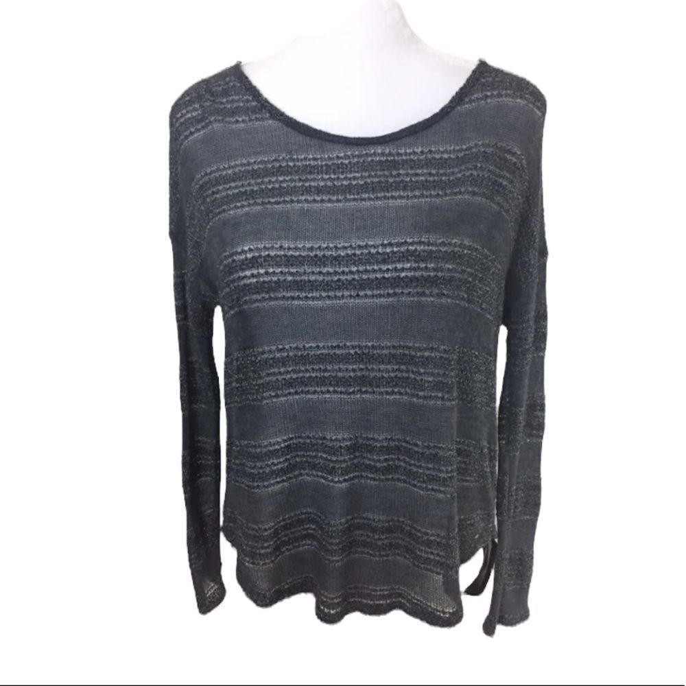 Lush Grey Black Striped Lightweight‎ Long Sleeve Blouse Opaque Back Size Small